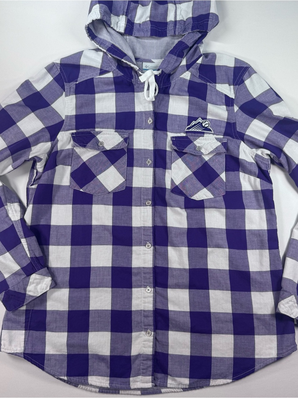 COLUMBIA Women’s Lumberjack Purple/White Hooded Button-Down Shirt,L, CO Rockies